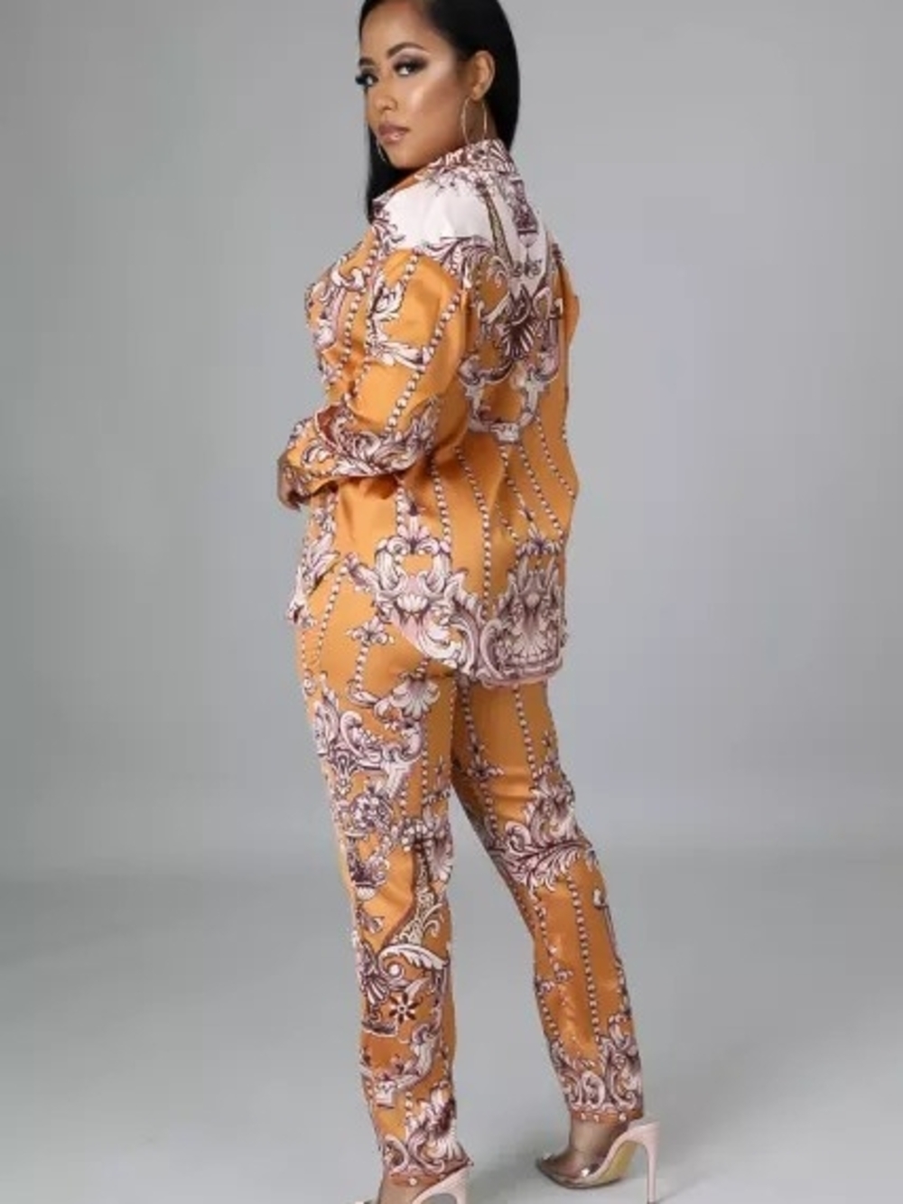 Women's Printed Satin Pantsuit - Mustard Floral